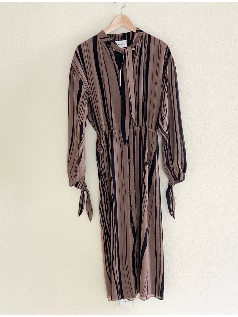 Nanushka Taupe & Black Striped Maxi Dress with Tie Neck NWT SZ XS